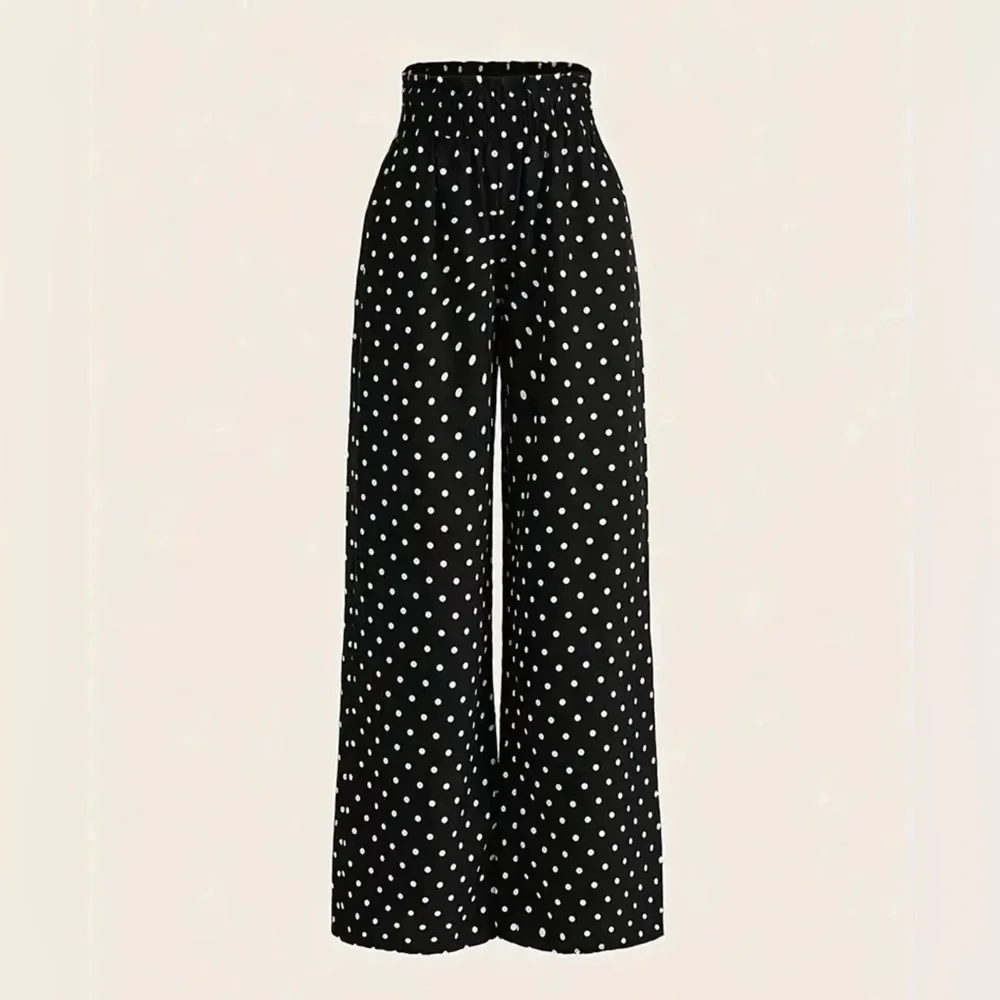 Black White Polka Dot Wide Leg Pants – High Waist Smocked Waistband - Picture 1 of 10